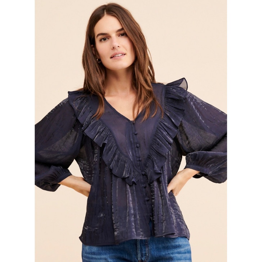 Anthropologie Current Air Sheer Ruffle Blouse Women Small Metallic Shimmer Boho